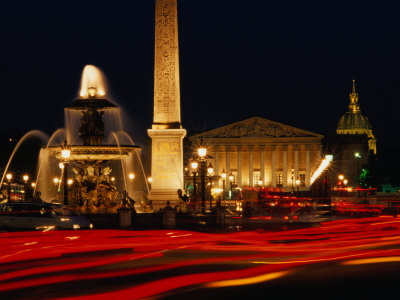Illuminated Ancient Egyptian Obelisk And Fountain In Place De La Concorde, Paris, France by Bill Wassman Pricing Limited Edition Print image