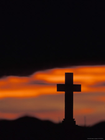 Sun Setting On Lone Graveyard Cross by Fogstock Llc Pricing Limited Edition Print image