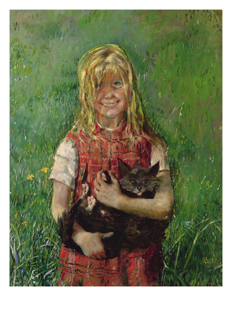 Girl With A Cat (Oil On Canvas) by Christian Krohg Pricing Limited Edition Print image