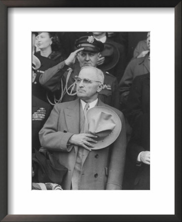 President Harry S. Truman Saluting Star Spangled Banner At Opening Game Of Baseball Season by George Skadding Pricing Limited Edition Print image