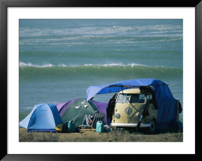 Campsite On Oceans Edge With Tents, Vw Camper And Surfer In A Chair by Skip Brown Pricing Limited Edition Print image
