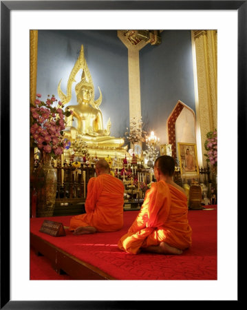 Monks Praying And Giant Golden Statue Of The Buddha, Wat Benchamabophit, Bangkok, Southeast Asia by Angelo Cavalli Pricing Limited Edition Print image