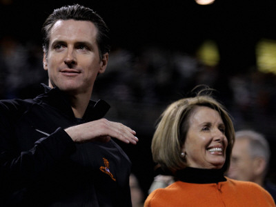 Texas Rangers V San Francisco Giants, Game 2: Gavin Newsom, Nancy Pelosi by Doug Pensinger Pricing Limited Edition Print image