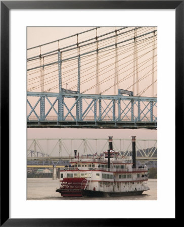 Riverboat On Ohio River And, Roebling Suspension Bridge, Cincinnati, Ohio, Usa by Walter Bibikow Pricing Limited Edition Print image