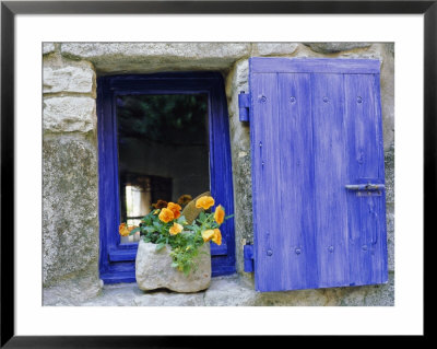 Close-Up Of Blue Shutter, Window And Yellow Pansies, Villefranche Sur Mer, Provence, France by Bruno Morandi Pricing Limited Edition Print image