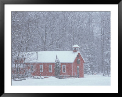 Old Red Schoolhouse And Forest In Snowfall At Christmastime, Michigan, Usa by Mark Carlson Pricing Limited Edition Print image