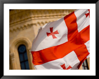 Georgian Flag In Front Of Tsminda Sameba Church, Tbilisi, Georgia by Stephane Victor Pricing Limited Edition Print image