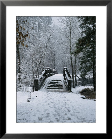 A Snow-Covered Footbridge Over The Merced River by Marc Moritsch Pricing Limited Edition Print image