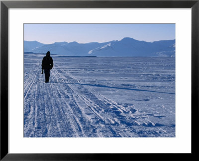 Local Walking Through Arctic Landscape Carrying Gun For Protection., Svalbard by Christian Aslund Pricing Limited Edition Print image