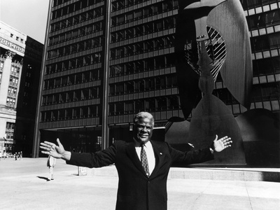 Harold Washington Stands In Front Of The Inscrutable Sculpture,  1987 by Vandell Cobb Pricing Limited Edition Print image