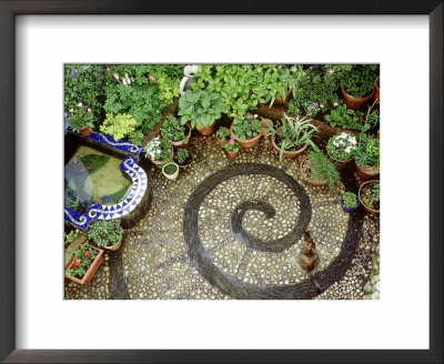 Pebble Patio With Swirl Design Small Mosaic Raised Pond, Plants In Pots, Brighton by Jacqui Hurst Pricing Limited Edition Print image