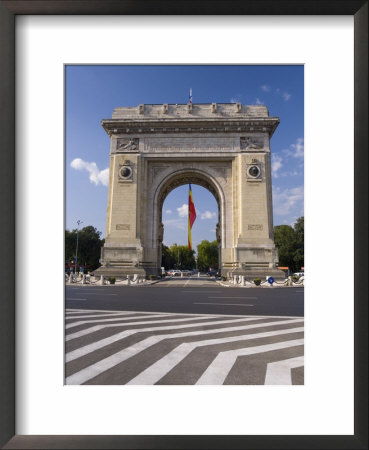 Triumphal Arch (Arcul De Triumf) And Romanian Flag, Bucharest, Romania, Europe by Gavin Hellier Pricing Limited Edition Print image