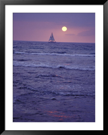 Sunset On Sea And Sailboat, Big Island, Hawaii, Usa by John & Lisa Merrill Pricing Limited Edition Print image