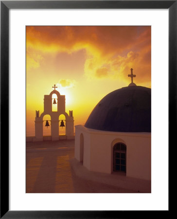 Blue Dome Church And Bell Tower, Santorini, Greece by Walter Bibikow Pricing Limited Edition Print image