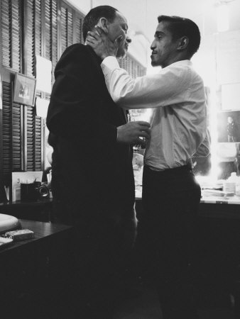 Entertainers Frank Sinatra And Sammy Davis Jr. Sharing A Moment Backstage by John Dominis Pricing Limited Edition Print image