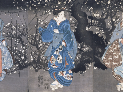 An Oban Triptych Depicting A Nocturnal Scene With Three Bijin by Utagawa Kuniyoshi Pricing Limited Edition Print image