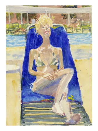 Watercolor Painting Of A Woman Lounging On Outdoors On A Beach Chair by Images Monsoon Pricing Limited Edition Print image