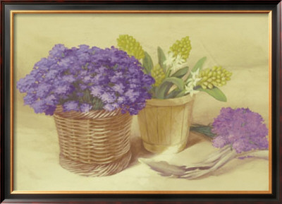 Purple And Yellow Flowers In Basket by David Col Pricing Limited Edition Print image