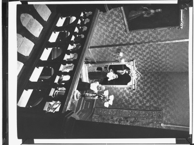 Actress Dorothy Mcguire Gazing Into Mirror On Staircase In Scene From Film Spiral Staircase by Bob Landry Pricing Limited Edition Print image