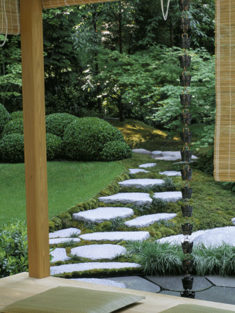 Chelsea Flower Show: Japanese Garden Society, Shoji Screen, Stepping Stone Path, Box Cloud Hedging by Clive Nichols Pricing Limited Edition Print image