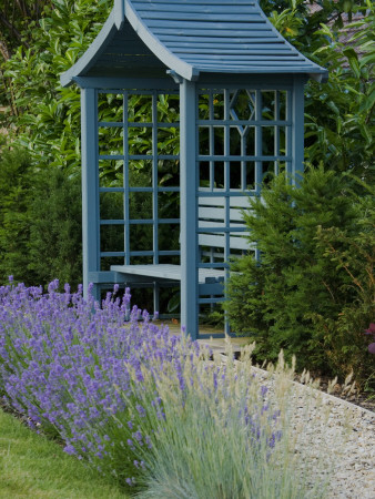 Gravel Path Beside Lawn With Blue Wooden Summerhouse, Designer: Clare Matthews by Clive Nichols Pricing Limited Edition Print image