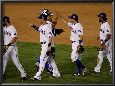 San Francisco Giants V Texas Rangers, Game 3: Jeff Francoeur,Josh Hamilton,Ian Kinsler,Elvis Andrus by Doug Pensinger Pricing Limited Edition Print image