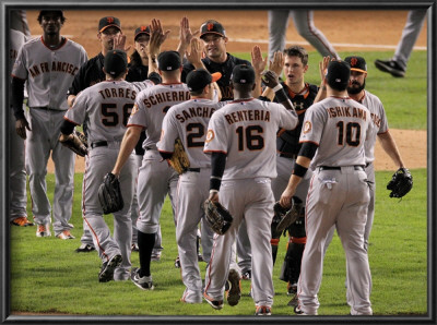 San Francisco Giants V Texas Rangers, Game 4: Andres Torres,Nate Schierholtz,Freddy Sanchez,Edgar R by Doug Pensinger Pricing Limited Edition Print image