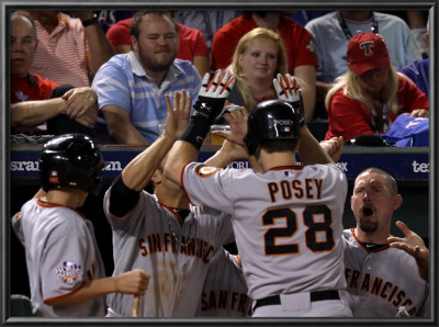 San Francisco Giants V Texas Rangers, Game 4: Buster Posey,Aubrey Huff by Christian Petersen Pricing Limited Edition Print image