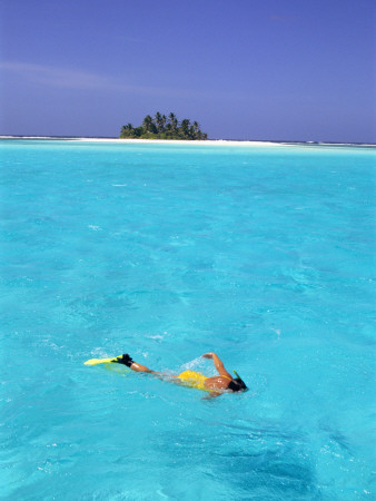 Woman Snorkelling At Sea Surface,Cocos Keeling Island In Background, Indian Ocean, Australia by Jurgen Freund Pricing Limited Edition Print image
