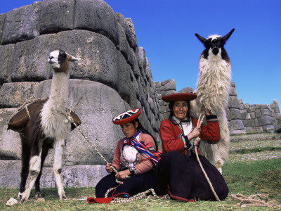 Local Indian Women With Domestic Llamas, Sacsayhumman, Cusco, Peru, South America by Pete Oxford Pricing Limited Edition Print image