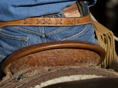 Detail Of Back Of Cowboy's Saddle, Jeans And Chaps, Sombrero Ranch, Craig, Colorado, Usa by Carol Walker Pricing Limited Edition Print image