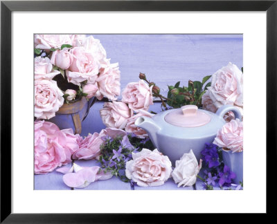 Rosa New Dawn & Rosa Constance Spry In Blue Trug, Teapot & Jug by Lynne Brotchie Pricing Limited Edition Print image