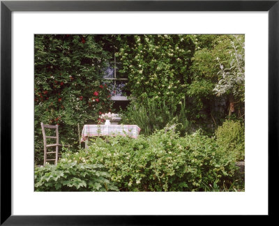 Wooden Table And Chair With A House Covered In Climbers, Honeysuckle, Roses And Jasmin by Ann Kelley Pricing Limited Edition Print image