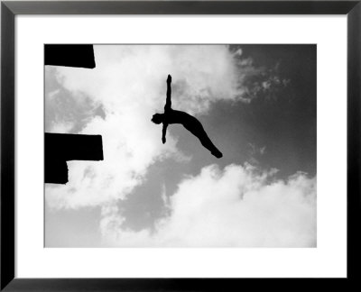 Excellent Of Man Silhouetted Against Sky Doing Back Dive Off High Board by Rex Hardy Jr. Pricing Limited Edition Print image