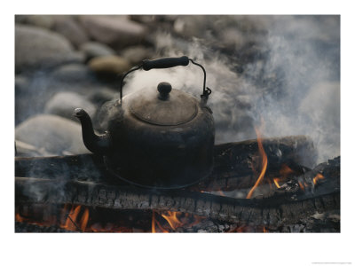 A Kettle Of Water Comes To A Boil Over A Smoky Campfire by Raymond Gehman Pricing Limited Edition Print image