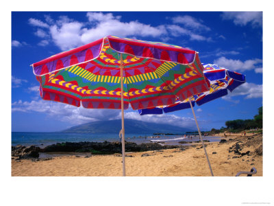 Brightly Patterned Umbrellas On Kamole Beach, Kamalo, Usa by Mark & Audrey Gibson Pricing Limited Edition Print image