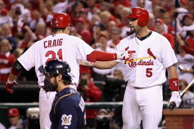 Brewers V St. Louis Cardinals - G. Four, St Louis, Mo - Oct. 13: Allen Craig And Albert Pujols by Christian Petersen Pricing Limited Edition Print image