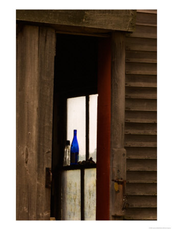 Old Blue Bottle In Window Of Barn In Rural New England, Maine, Usa by Joanne Wells Pricing Limited Edition Print image