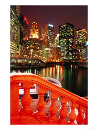 Chicago River And City Buildings At Night From Michigan Avenue Bridge, Chicago, Usa by Richard Cummins Pricing Limited Edition Print image