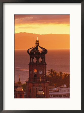 Tower Of Nuestra Senora De Guadalupe At Sunset, And Bay Of Banderas, Puerto Vallarta, Mexico by John & Lisa Merrill Pricing Limited Edition Print image