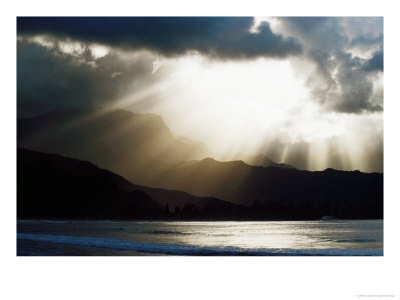 Sun Shining Through Clouds With Mountain Backdrop, Hanalei Beach, Po-Ipu, U.S.A. by Kevin Levesque Pricing Limited Edition Print image