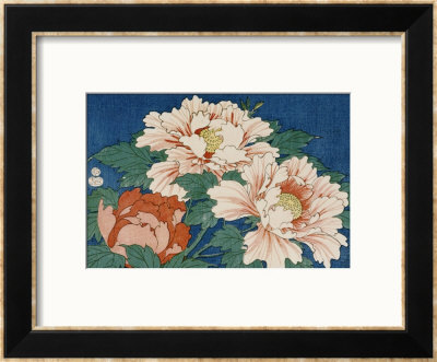 Three Stems Of Peonies On A Blue Background, 1857 by Ando Hiroshige Pricing Limited Edition Print image