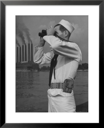Coast Guard Patrolling Mississippi River Opposite East Saint Louis Power Plant by Alfred Eisenstaedt Pricing Limited Edition Print image