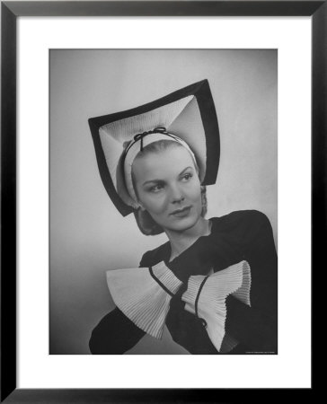 Model Selene Mahri Wearing Hattie Carnegie Fluted Abbess Hat With Matching Cuffed Gloves by Nina Leen Pricing Limited Edition Print image