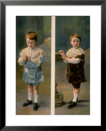 Boy Modeling In Pale Blue Satin And Brown Velvet With Lace Accents From La Grande Maison by Henri Manuel Pricing Limited Edition Print image