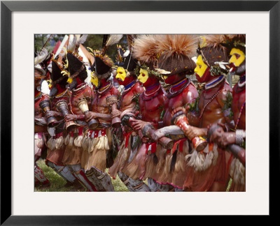 Huli Wigmen Beating Kundu Drum And Dancing, Sing Sing Festival, Mt. Hagen, Papua New Guinea by Keren Su Pricing Limited Edition Print image