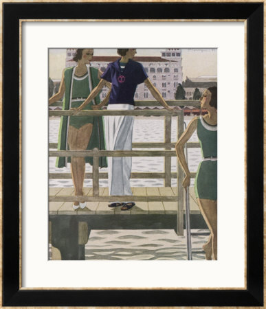 Women On A Jetty Wear Green Bathing Costumes With Black And White Trim by Pierre Mourgue Pricing Limited Edition Print image
