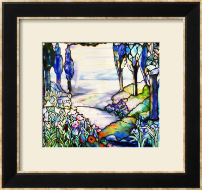 A River Meandering From A Distant Mountain Range At Dusk, With Cypress, Lilies, Poppies And Irises by Tiffany Studios Pricing Limited Edition Print image