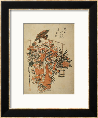 A Beauty Wearing Festival Garb With Two Buckets Of Flowers Suspended From A Yoke by Okumura Masanobu Pricing Limited Edition Print image
