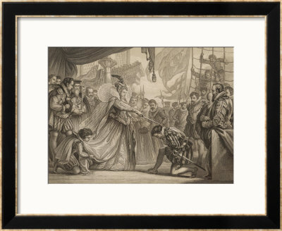Queen Elizabeth I Knights Francis Drake On His Ship Golden Hind After His Round The World Voyage by Sir John Gilbert Pricing Limited Edition Print image